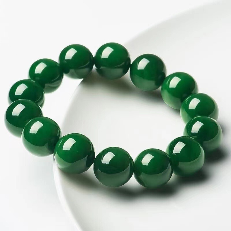 Outer Mongolia Hetian Jade Bracelet in Jasper Color, Spinach Green Jade Round Beads, Taiwan Green Jade Color Buddha Bead Jade Bracelet