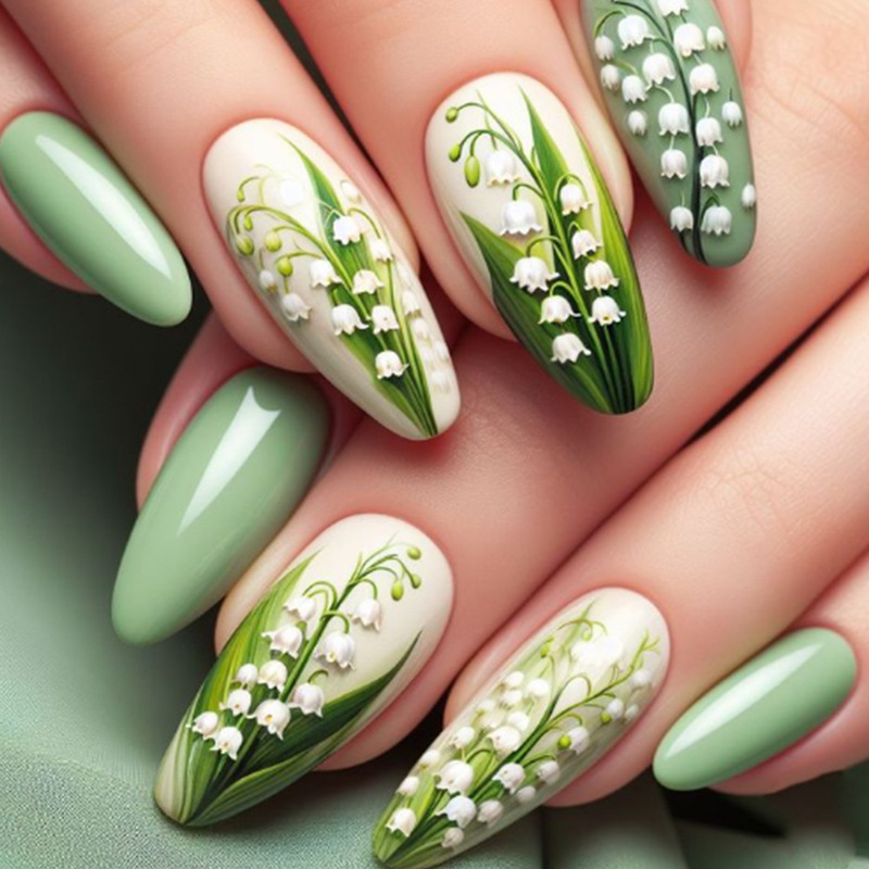 Best-Selling Foreign Trade Long Almond Nails, Elegant White Flower Fresh Wearable Nails, 24-Piece Set of Artistic Style Manicure