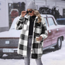 跨境欧美女装秋冬新款亚马逊单排扣翻领中长款格子毛呢休闲外套女