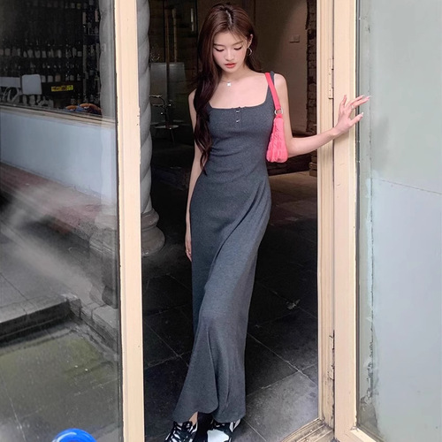 Ins sexy pure desire square neck buttonless sleeveless camisole dress post-shaping mother dress waist-cinched long A-line dress for women trendy