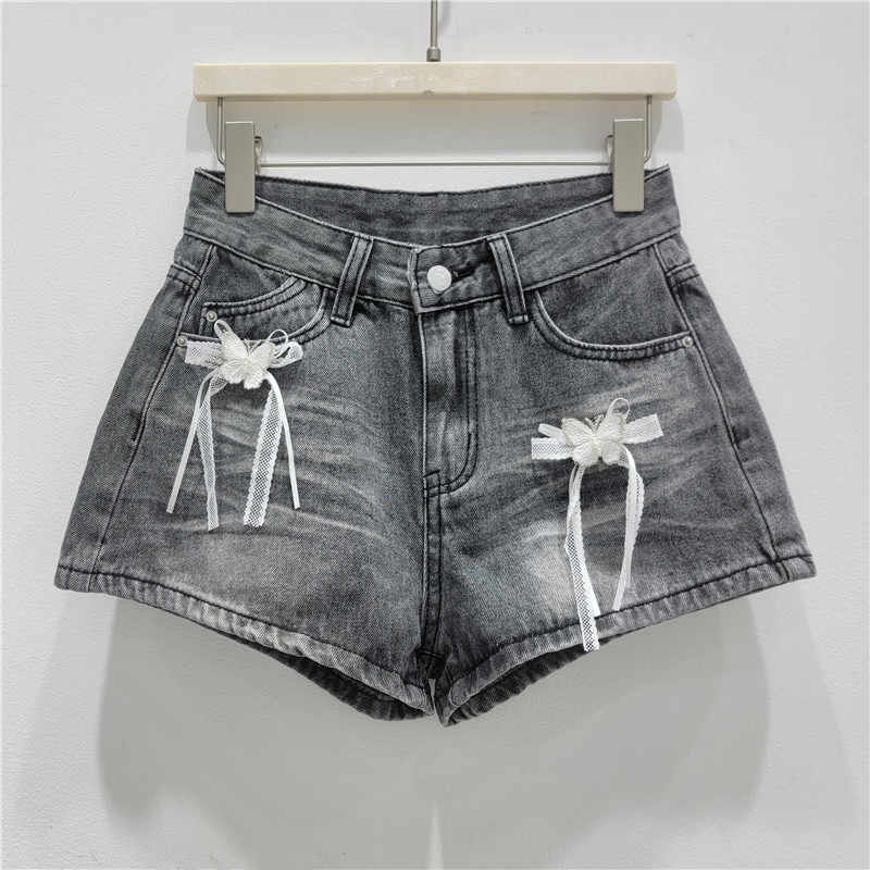 Pantalones Cortos de Mezclilla con Decoración de Moño de Poliéster Cintura Baja image 2