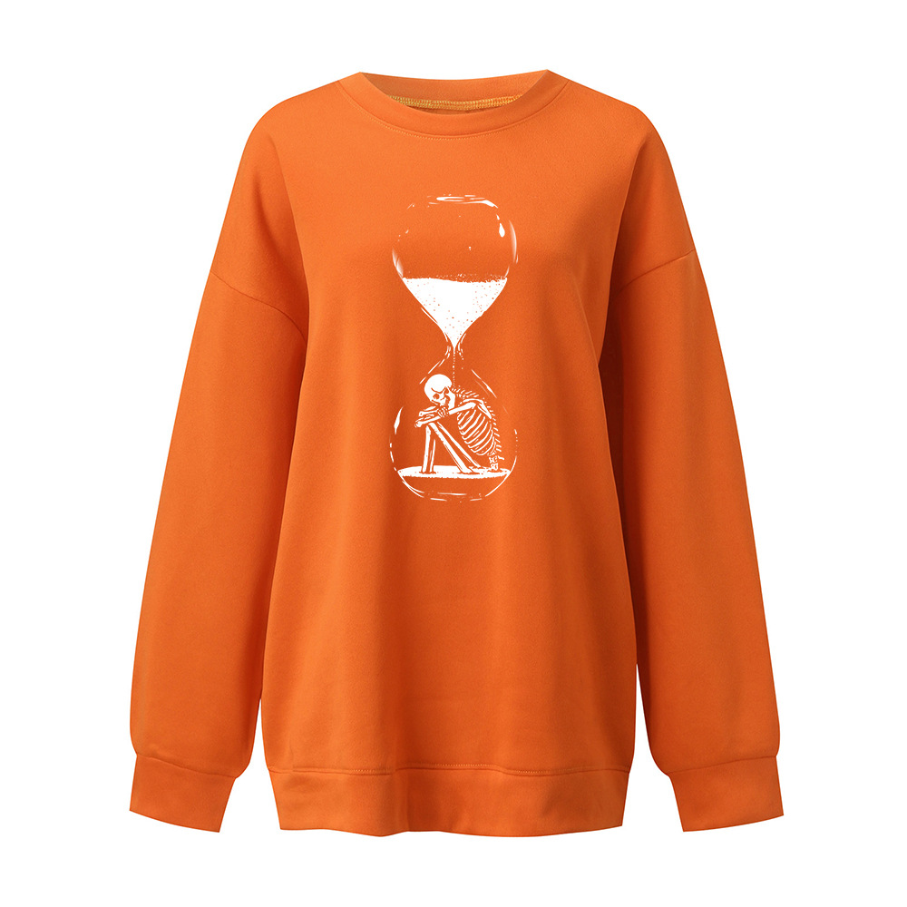 Halloween Sanduhr Skelett Fleece Rundhals Pullover Tropfen Schulter Langarm Herbst/Winter Warm Top Unisex_voghion.com