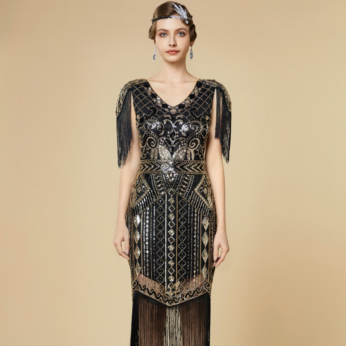 Sequin Short-Sleeved Dress 1920S Retro Gatsby Ball Banquet Tassel Plus Size Dress Amazon Cross-Border