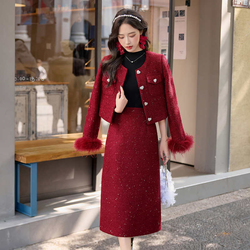 Red Chanel-Style Suit Dress for Women, Winter Light Luxury Slimming Elegant Socialite Wealthy Daughter down Jacket Two-Piece Set