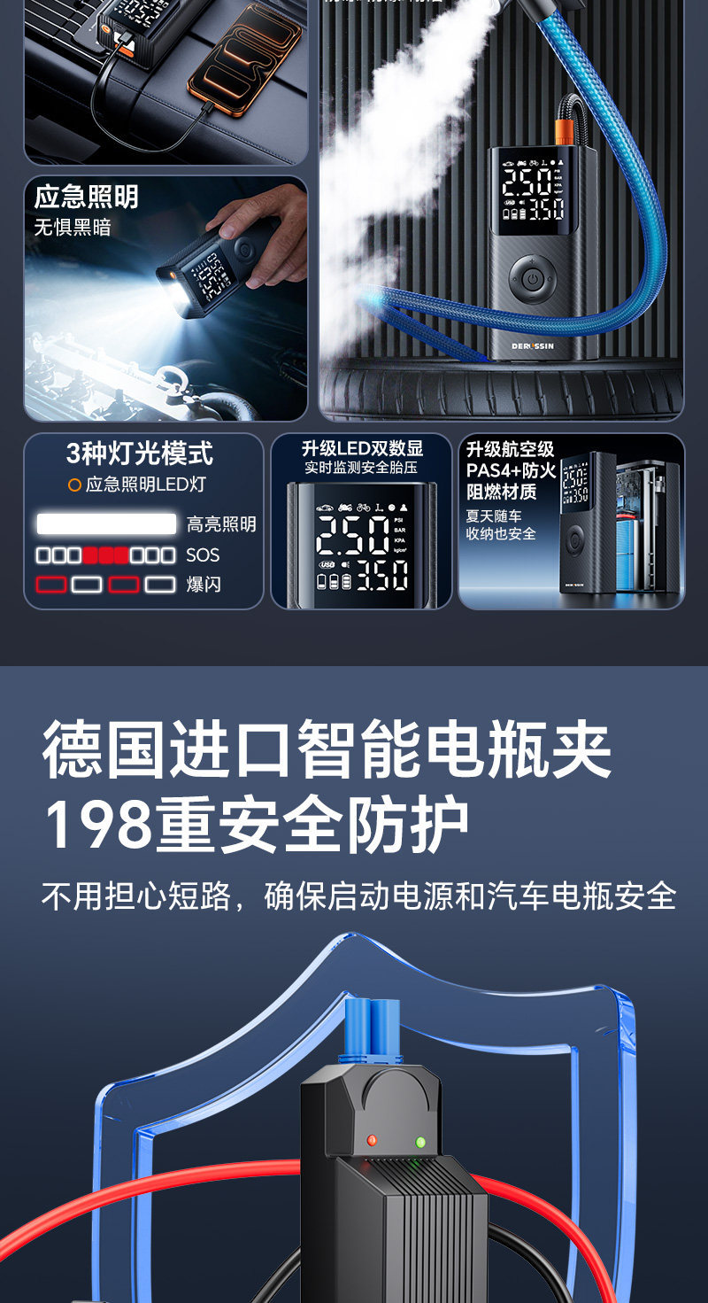 Car Emergency Starting Power Supply 12V Car Battery Jump Starter Wireless Air Pump Portable Tire Inflator