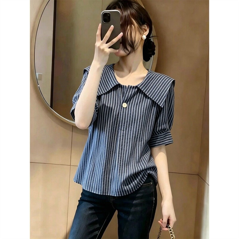 French-Style Striped Short-Sleeve Shirt for Women, Summer Wear, Plus Size, Flattering and Stylish Top