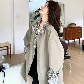日系复古立领穿格子风衣外套女秋冬新款宽松中长款英伦风大衣