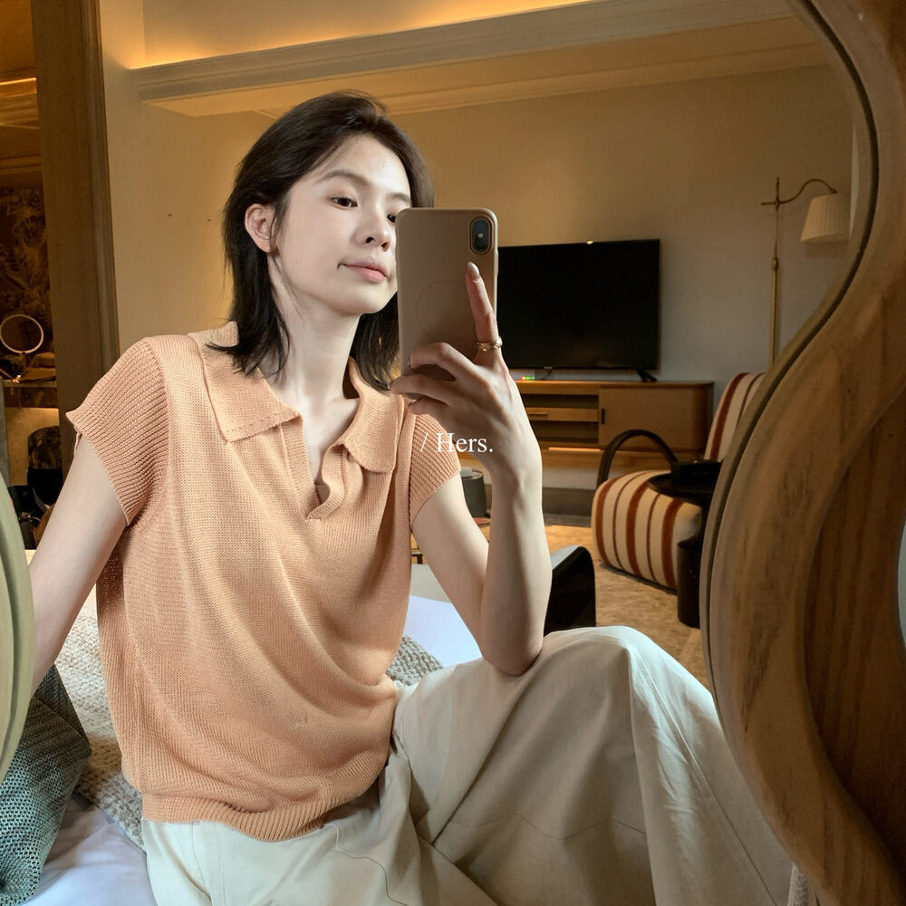 Áo thun nữ cổ V phối polo tay ngắn phong cách Hàn Quốc — màu cam, màu trắng, màu kaki