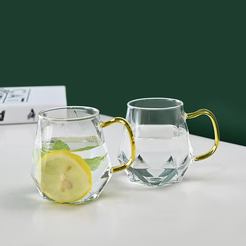Colorful Hexagonal Diamond Glass Cup with Handle, Creative and Unique Design, High Borosilicate Juice Cup for Home Use with Handle
