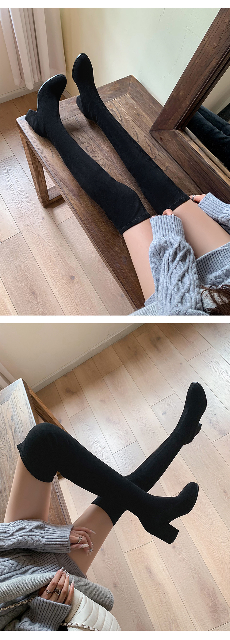 Boot nữ cổ cao ôm bắp chân mũi tròn gót vuông đế dày da lộn — Lớp lót đơn trên đầu gối màu kaki chi tiết 41