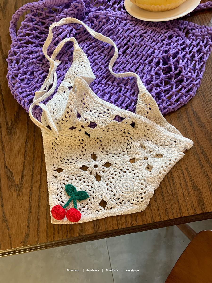 Coreano ins dulce dulce cereza hueco toallas triangulares tejidas a mano bufandas de seda para mujeres 2024 nuevo pañuelo