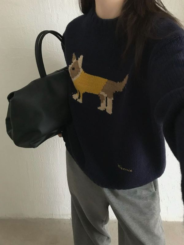 慵懒风提花套头卡通小狗毛衣女秋冬宽松针织衫灰色针织百搭上衣|undefined