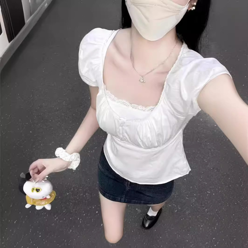 Gentle Style Elegant White U-collar Short-sleeved Shirt Design Sense Niche Women's Summer Age-reducing Short Top Trendy Gentle Style Elegant White U-collar Short-sleeved Shirt Design Sense Niche Women's Summer Age-reducing Short Top Trendy