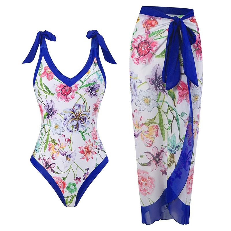 Swimwear с принтом мультфильмов и пляжной шифоновой длинной юбкой, купальник европейского стиля с высокой талией