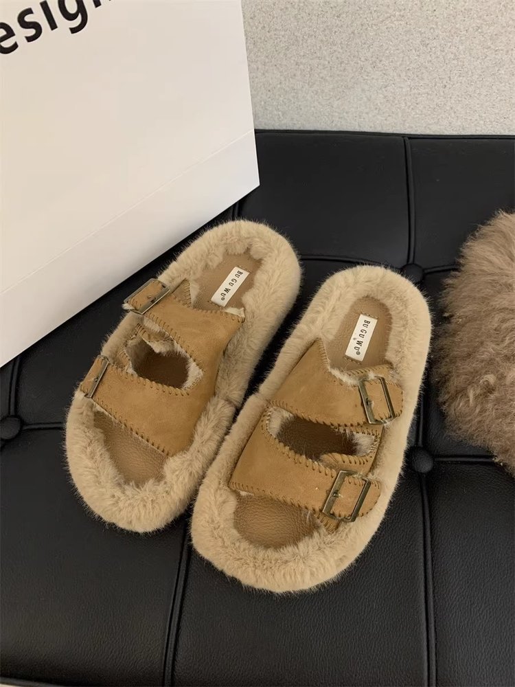 Internet celebrity soft-soled fur slippers for women's outer wear 2023 autumn and winter new sheep curly slip-on cotton slippers_voghion.com