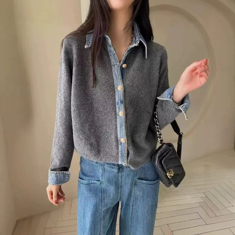 Korean and Japanese Cross-Border Denim Patchwork Fake Two-Piece Sweater for Women, 2026 Autumn and Winter New Style, Loose Fit, Turn-Down Collar, Fashionable Versatile Top