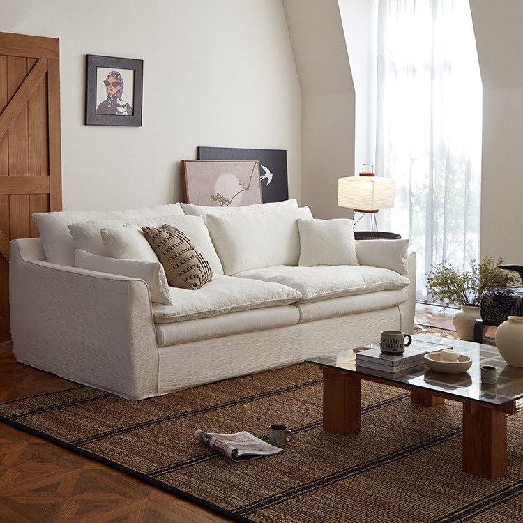 侘寂风怀抱沙发亚麻布艺客厅小户型全拆洗法式奶油风直排棉麻沙发