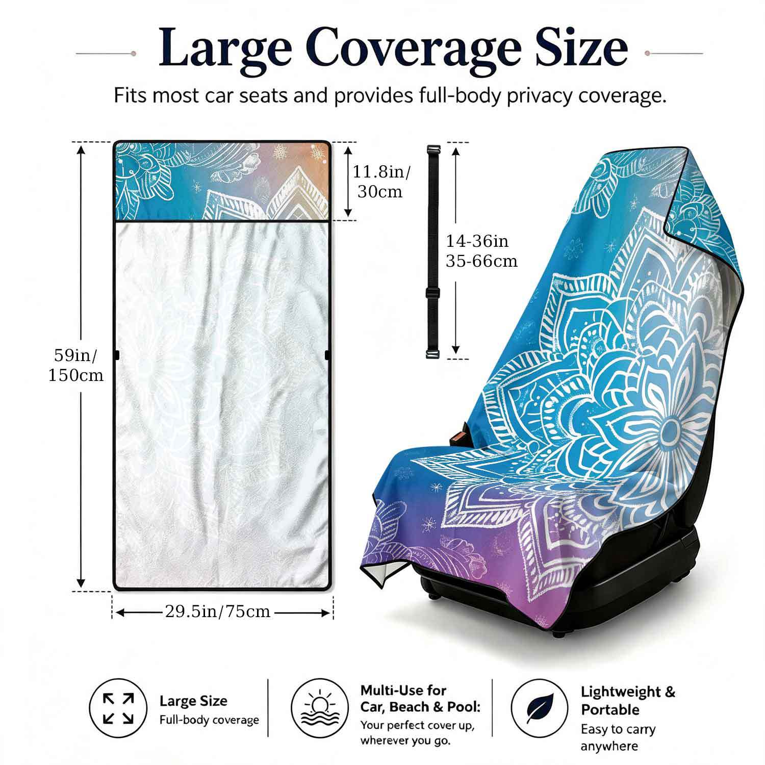 Printed bath towel and car seat cover 2-in-1, ultra-fine fiber outdoor beach and car dual-use universal seat cushion