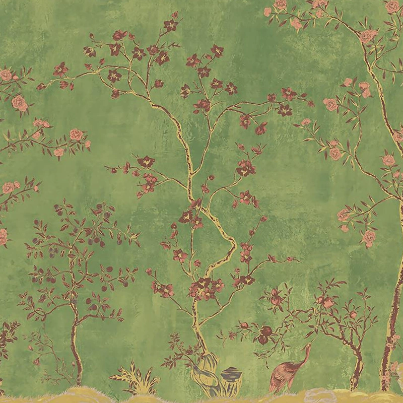 Wall mural wallpaper, green Chinese‑style flowers and birds, seamless TV background, multiple materials