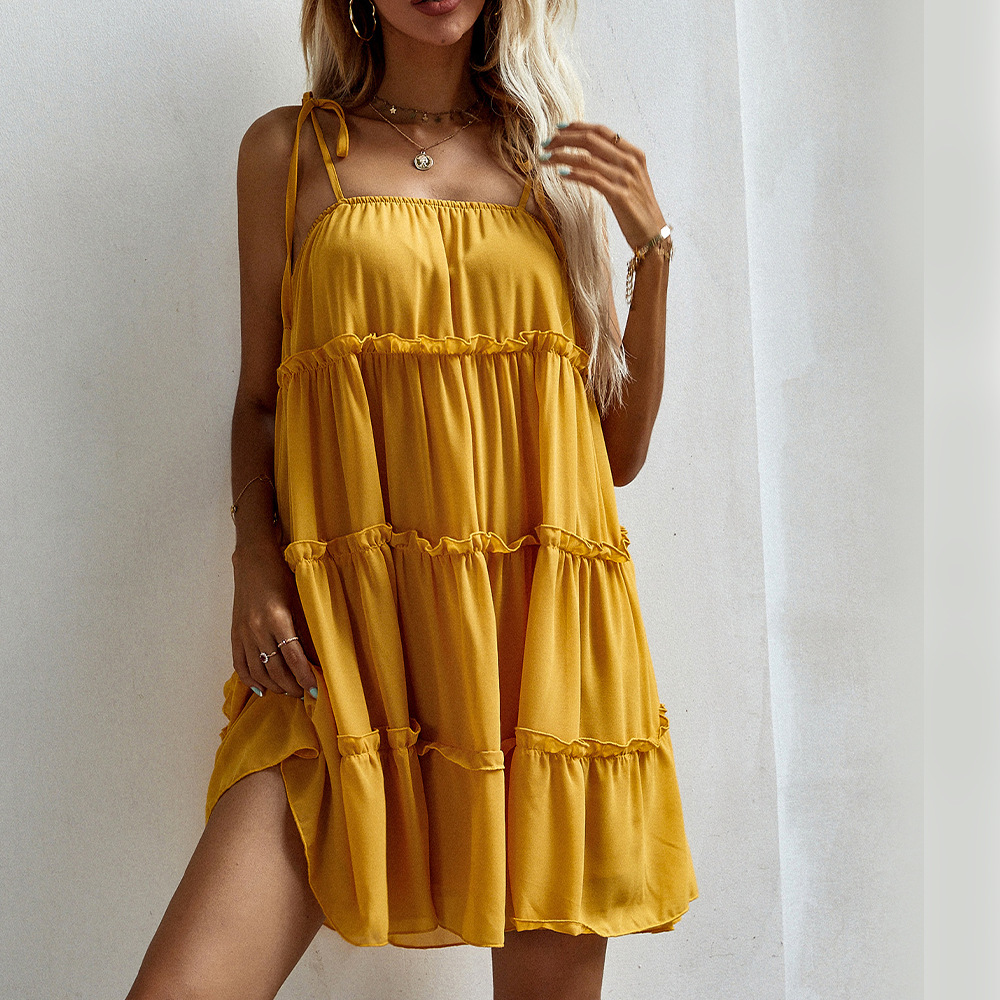 yellow sleeveless loose ruffled layered commuter sling dress  NSNXG121119