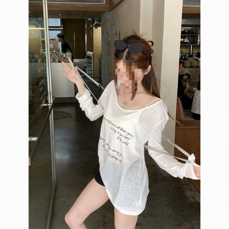 レイジースタイルレタープリントオフショルダー長袖Tシャツレディース春夏ゆったりカジュアル着痩せ万能薄手日焼け止めトップス|undefined