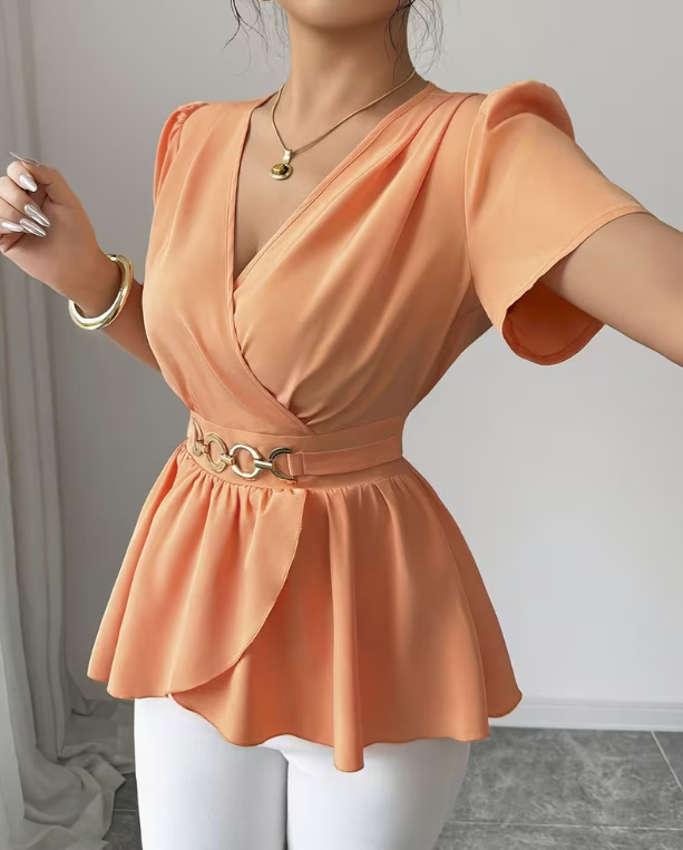 Chemisier luxueux en satin acétate pour femme, col en V, grande taille, ceinture à la taille, effet ventre plat, style estival haut de gamme, blouse décontractée_voghion.com