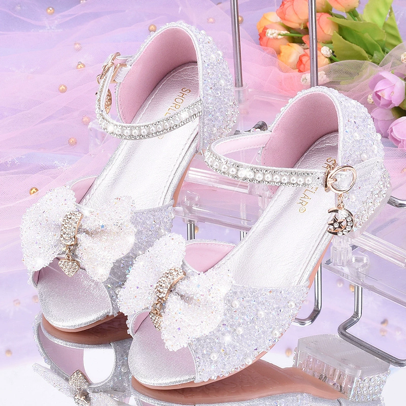 Сандалии для девочек Обувь принцессы Эльзы Золушка Хрустальные туфли Белые серебряные туфли Студенческая обувь Модель Показать обувь