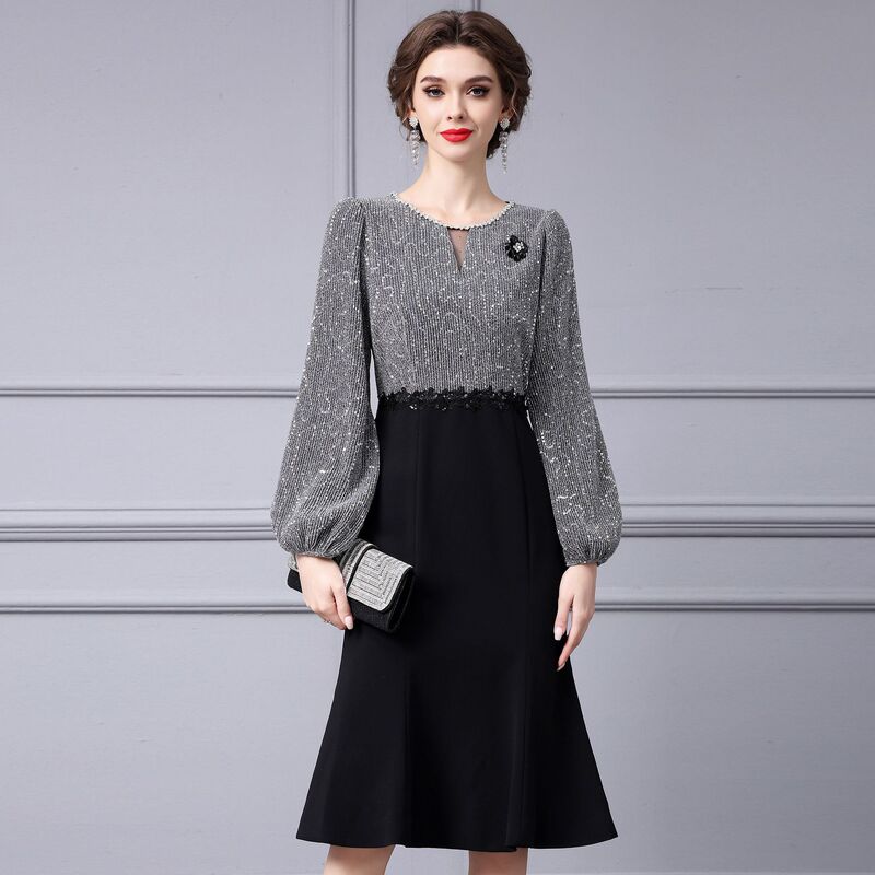 Zhili Light Luxury Sequined Mermaid Dress with Contrasting Colors, High Waist, Mid-Length, High-End Party Dress, Spring 2026 New Model