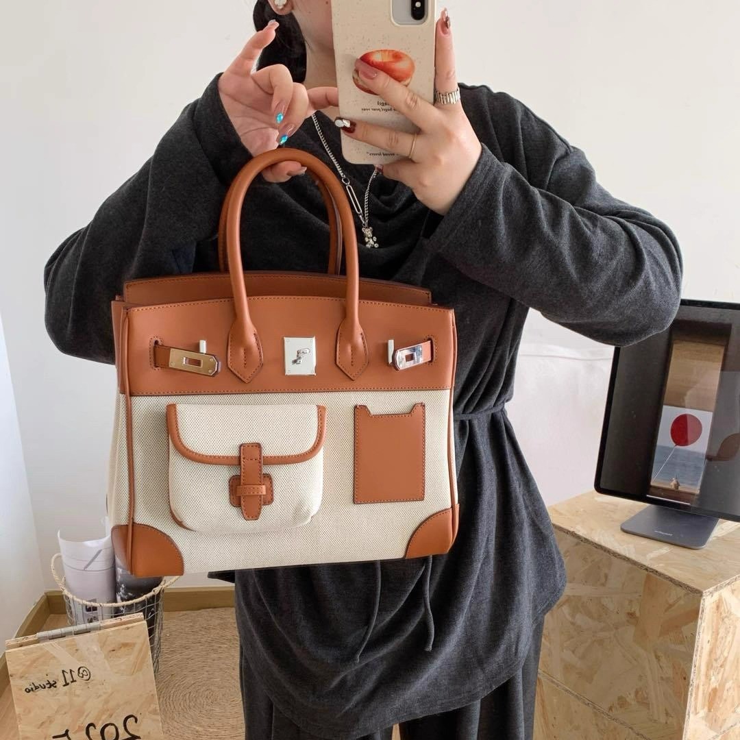 经典铂金版大牌品质2025新款撞色帆布拼色手提包单肩斜挎女包