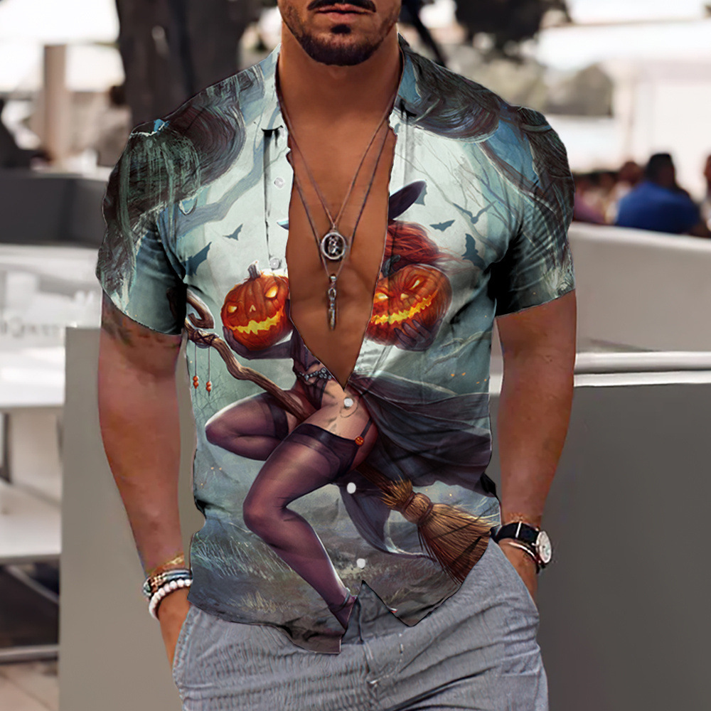 Camisa 3D para hombres transfronterizos Estación independiente Serie de Halloween Camisa hawaiana impresa digital 3D Fabricante de origen masculino