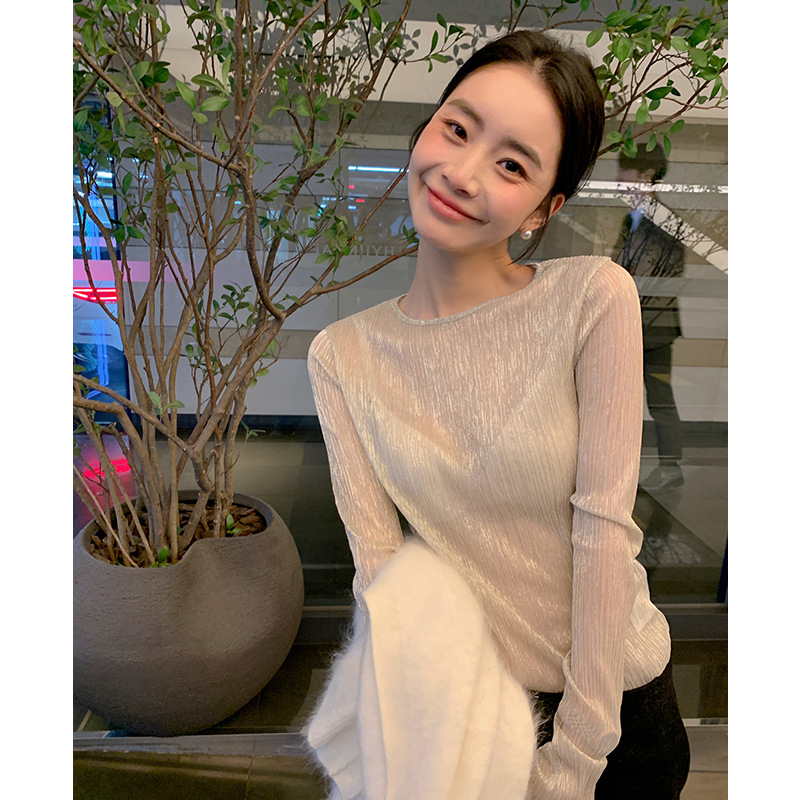 High-End Silver Thread Texture Round Neck Long-Sleeved Slim-Fit T-Shirt for Women, Early Spring New Style 2026, Elegant and Versatile Fashion Top High-End Silver Thread Texture Round Neck Long-Sleeved Slim-Fit T-Shirt for Women, Early Spring New Style 2026, Elegant and Versatile Fashion Top