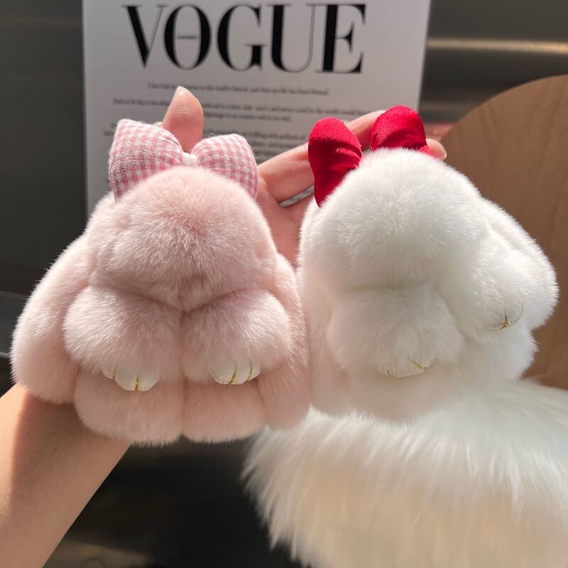 Wholesale cute Rex rabbit fur bow bunny car keychain pendant plush doll schoolbag bag ornaments