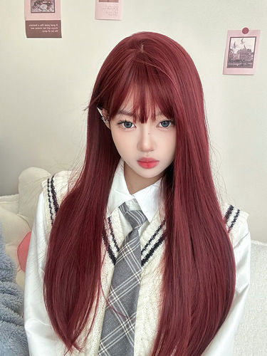 Kony wig female long hair Neptune red Mera red Lolita natural simulation hot girl long straight hair full headgear
