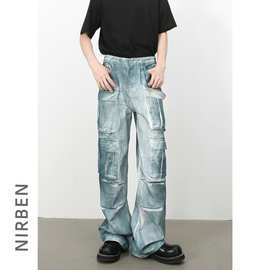 nirben牛仔|美式高街多口袋水墨扎染工装牛仔裤男宽松直筒阔腿裤