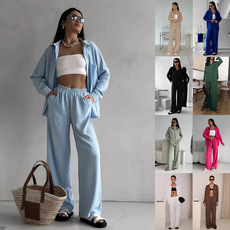 2025 Cross-Border European and American Aliexpress Women's Solid Color Cardigan Shirt Pocket Wide-Leg Pants Set 2025 Summer 2025 Cross-Border European and American Aliexpress Women's Solid Color Cardigan Shirt Pocket Wide-Leg Pants Set 2025 Summer