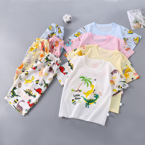 Children's short-sleeved suit summer boys' breathable air-conditioned clothing pure cotton clothing Korean style children's clothing girls' pajamas home clothes