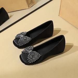 837-H122 French Fashion Silk One Step Comfortable Inner Height Increase Middle Heel Water Diamond Bow Square Head Single
