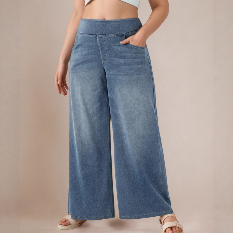 Cross-Border Aliexpress Amazon European and American Plus-Size High-Waisted Jeans for Women, Vintage Washed Loose Wide-Leg Pants
