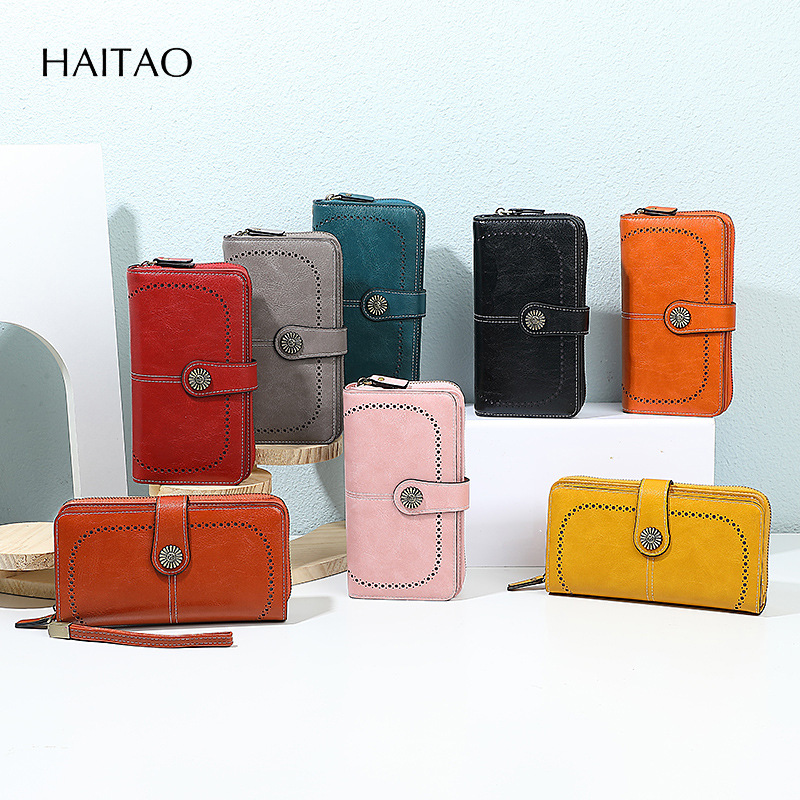 2025 bolso transfronterizo de cuero de aceite con cremallera larga para teléfono móvil comercio exterior nuevo monedero hueco moda femenina triple mano