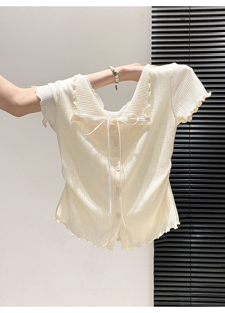 Áo thun nữ tay ngắn cổ tròn phối nơ ren giả hai lớp phong cách Hàn Quốc — màu trắng chi tiết 4