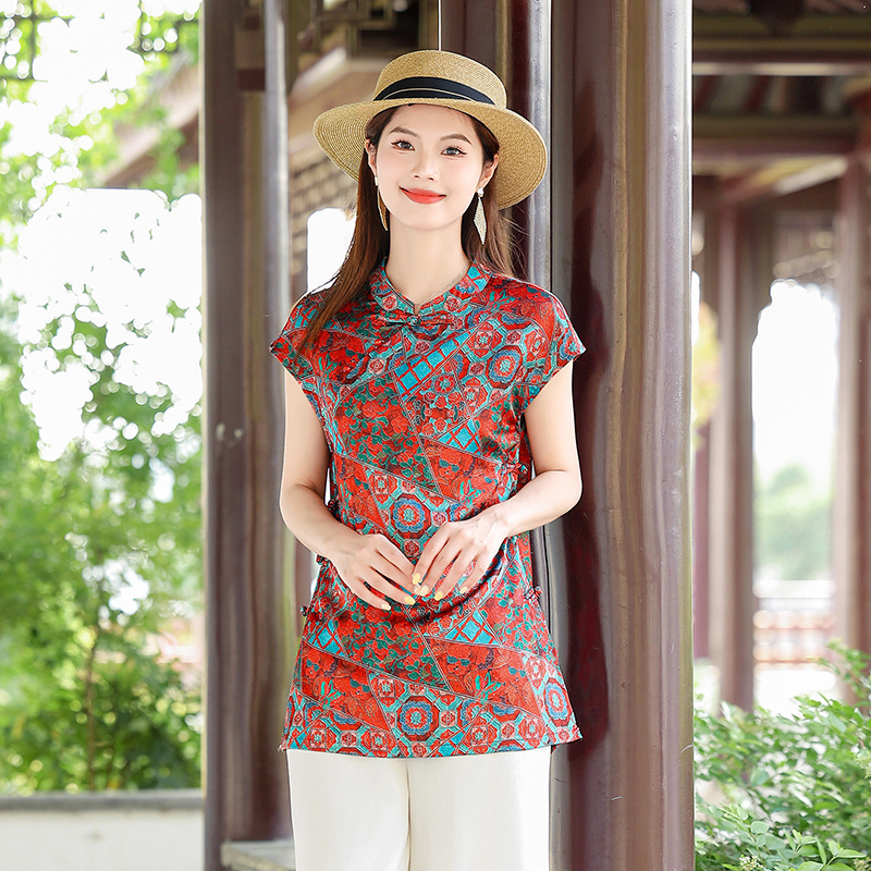 新しい中国風のレトロなボタン付き国民風半袖トップ、母親の服、レトロな薄手のシャツ、義母用のクールなトップ|undefined
