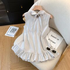 条纹无袖挂脖衬衫女2025夏新款蝴蝶结绑带木耳边裙摆
