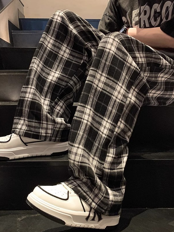 Pantalones a cuadros en blanco y negro Pantalones casuales de pierna ancha sueltos deportivos rectos con cordón retro americano Pantalones casuales para hombres