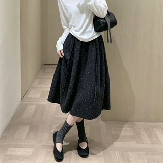 韩系复古波点花苞半身裙女款秋季高腰a字裙休闲百搭显瘦中长裙子