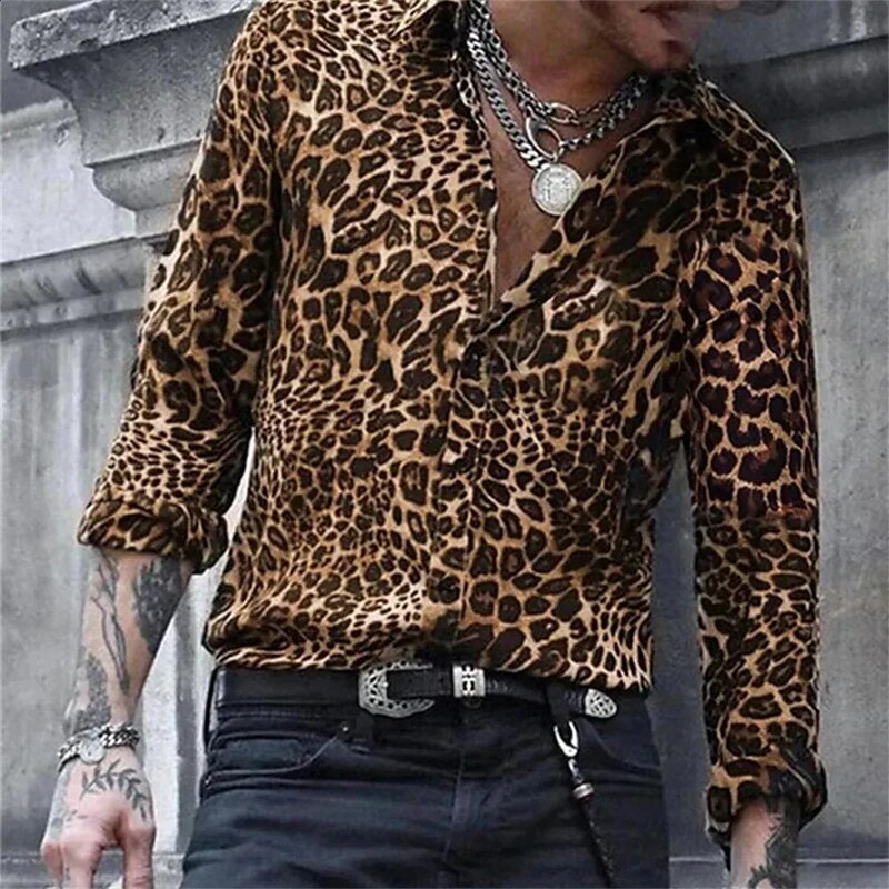 New Men's Shirt Amazon European and American Men's Fashion Leopard Print 3D Printed Casual Breathable Long-Sleeved Shirt for Men New Men's Shirt Amazon European and American Men's Fashion Leopard Print 3D Printed Casual Breathable Long-Sleeved Shirt for Men