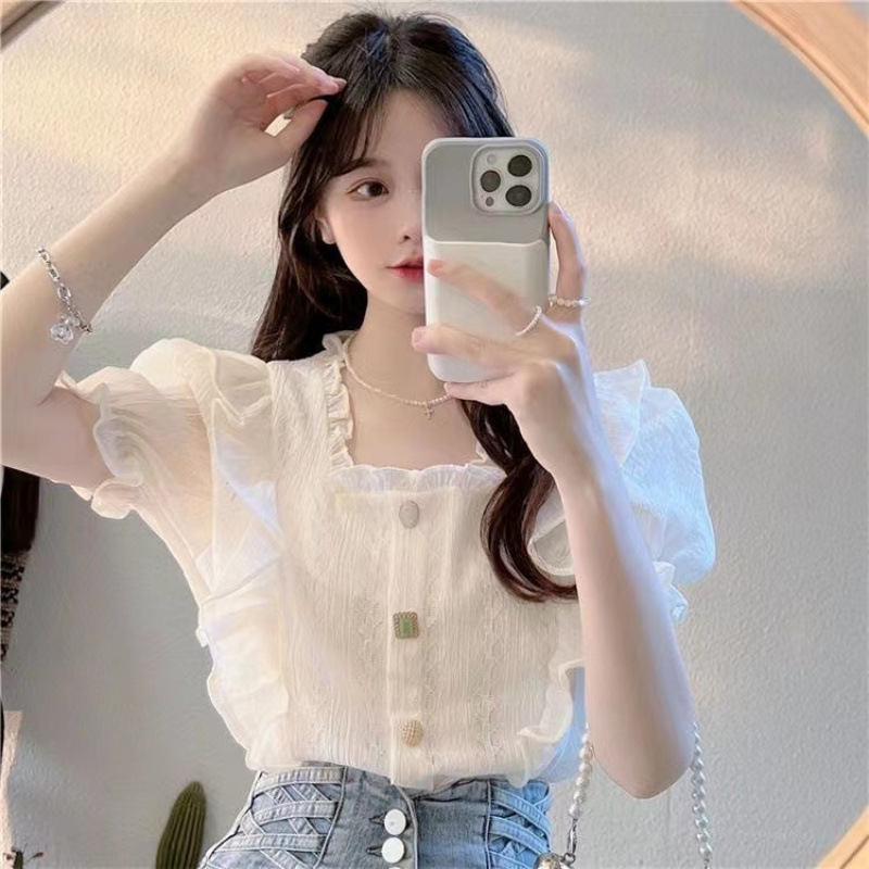 French Sweet and Gentle Super Fairy Ruffled Square Collar Puff Sleeve Shirt Women's New Summer Thin Top for Small People