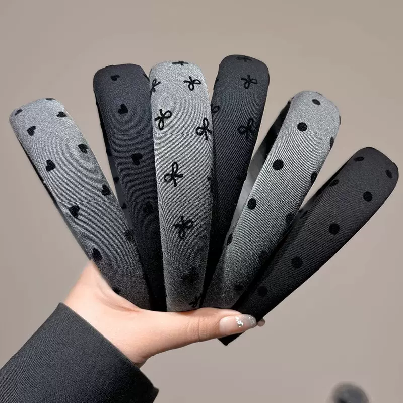 气质灰色波点蝴蝶结爱心发箍高颅顶压发头箍新款百搭发卡头饰批发
