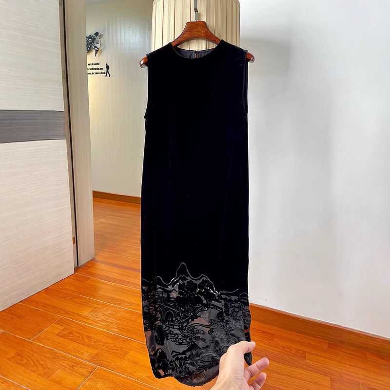 Round neck hem side open barbecued pork flower silk velvet sleeveless vest skirt loose H A- line skirt long dress