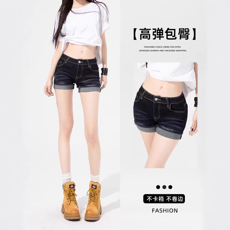 American-Style Spicy Girl Low-Waist Sexy Ultra-Short Denim Shorts for Women, Summer Dark Blue Design with Rolled Edges American-Style Spicy Girl Low-Waist Sexy Ultra-Short Denim Shorts for Women, Summer Dark Blue Design with Rolled Edges
