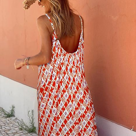 Neues europäisches und amerikanisches sommerliches, böhmisches Resort-Kleid mit Rüschen, Mädchenmuster, Trägern, V-Ausschnitt und lockerer Passform_voghion.com